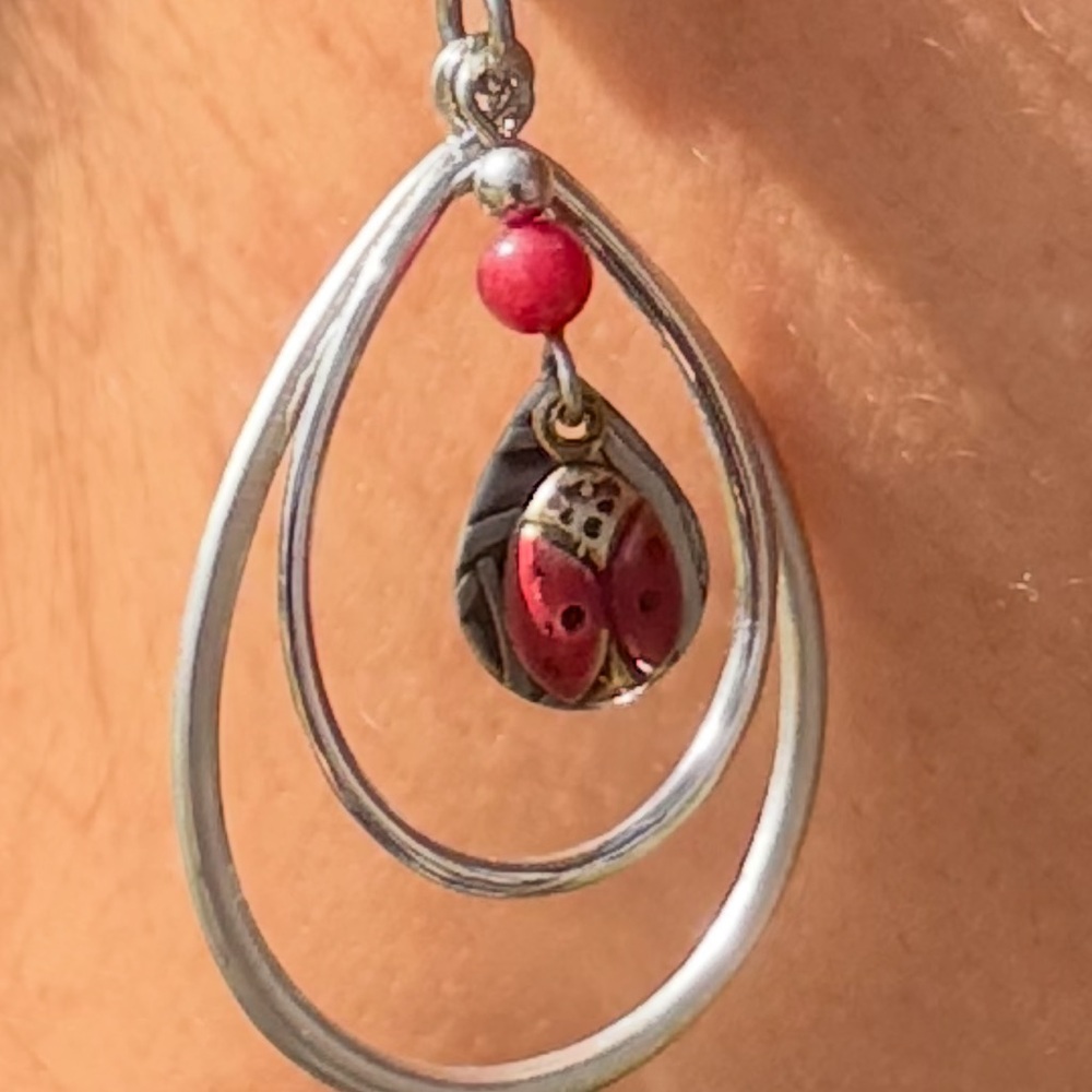 Silver Forest Silver and Red Double Hoop Earrings